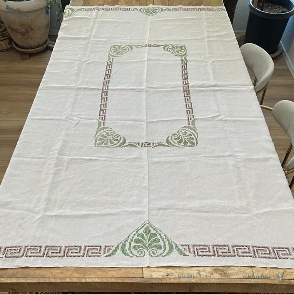Vintage Beige Linen Tablecloth 73 x 56 Cross-stitch Embroidery Greek Key Border